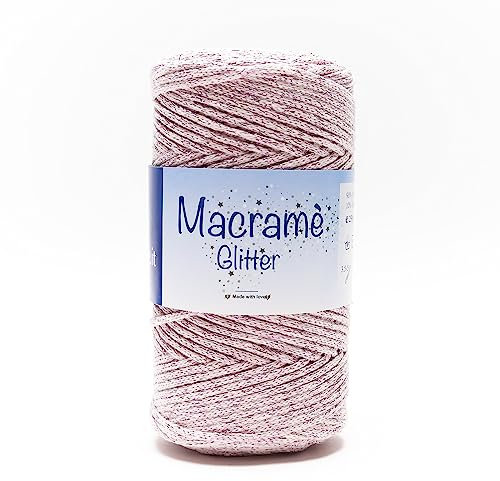 woolove - Macramè Glitter - Filato in Cotone per Uncinetto Cordino Luminoso Effetto Glitter Ideale per Accessori Ferri/uncinetto: 3.5/5.00 250 gr Rosa 18