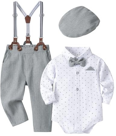 Volunboy Bebe Garçon Costume Gentleman, Noeud Papillon Chemise Carreaux + Pantalon 4 Pièces(6-9 mois,Taille 66,Pots Gris)