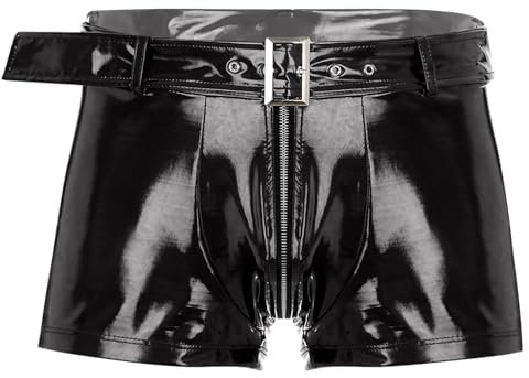 FEESHOW Herren Wetlook Boxershorts Slip Ouvert mit Reißverschluss Stretch Leder Latex Hose Shorts Unterwäsche Rubber Pants Clubwear Schwarz I M