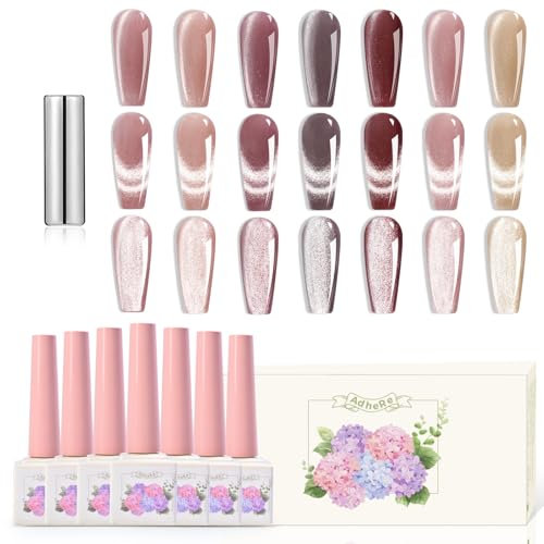 Adhere 12ml 7pcs Cat Eye Nail Polish Gel Kit with Magnetic Stick - Pink Rose Beige Gel Nail Polish Varnish Magnetic Gel Polish Soak Off Nude Manicure Nail Salon