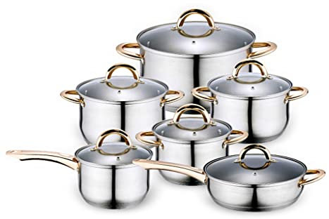 CRBUDY Cooking Pot, Frying pan,Cooking Tools 12 Piece Set Stainless Steel Cookware Set Kitchen Cookware Set Pots Pots & Pans Glass Lid (A) Vision