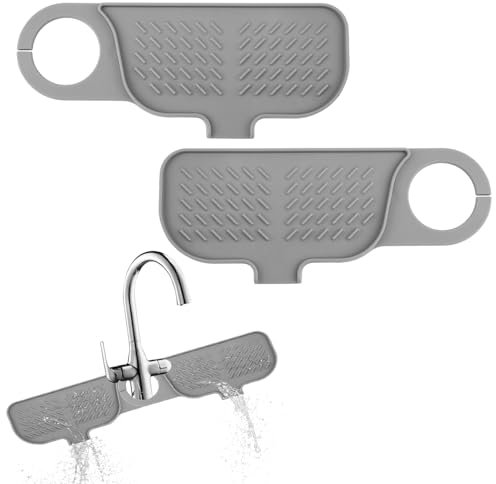 2 Pcs Sink Splash Guard for Kitchen 16.53x3.93 Silicone Faucet Mat 5° Slope Sink Splash Rotatable Guard Mat Flexible 360° Tap Splash Guard Non-Slip Handle Drip Water Catcher Tray for Bathroom