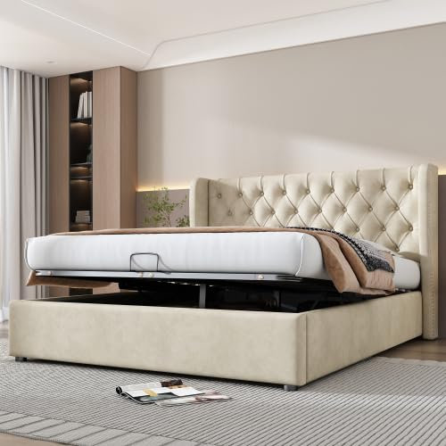 Polsterbett Ohrenform Große Knopfnähte Doppelbett King Size Hydraulisches Funktionsbett Mit Lattenrost Und Stauraum Jugendbett Bettkasten Gästebett Familienbett Beige 160x200 cm