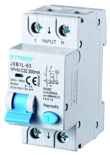 230V 32A C32, INTERRUTTORE MAGNETOTERMICO DIFFERENZIALE SALVAVITA, 1P+N, MONTAGGIO SU BARRA DIN, 2 MODULI, 300mA, 6KA 6000A, RCBO, 240VAC