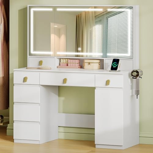 Hzuaneri Dressing Table, Large HD Mirror, Vanity Desk with 3 Color LED Lights, Adjustable Brightness, Vanity Table with Power Strip and Hair Dryer Rack, 8 Drawers, 1 Storage Cabinet, White DT42003XUK