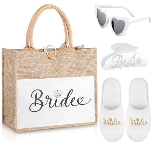Xuniea 4 Stück Braut Geschenke JGA Accessoires Frauen Bride to Be Geschenk | Jute Bride Tasche, Bride Hausschuhe, Brille, Haarspange, Braut Accessoires für Junggesellenabschied Frauen, Hochzeit