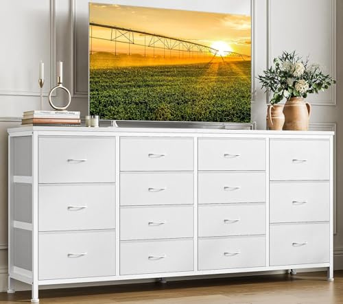 Garvee Commode, 160 cm Commode de Chambre à Coucher 14 Tiroirs en Tissu, Meuble TV, Téléviseur, Meuble de Rangement pour Chambre d'enfants,Chambre à Coucher, Armoire, Salon, Couloir