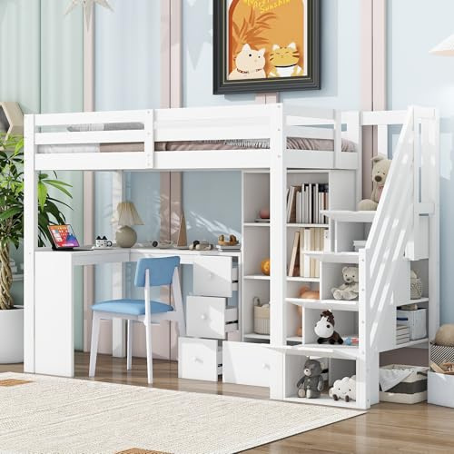 Hochbett 90x200cm Weiß mit Schreibtisch & Schubladen Stauraumbett Kiefer Massiv Einzelbett Treppe Regal Systembett Hochschläfer Loftbett für Studenten (ohne Matratze)