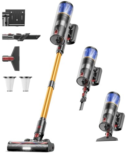 CHEBIO Akku Staubsauger mit DREI Saugmodi, 65KPA/650W/70Mins Staubsauger Kabellos mit LED Touchscreen, Selbststehend, Anti-Tangle-Bürste, Wandladestation, für Tierhaare/Hartböden/Teppich/Auto