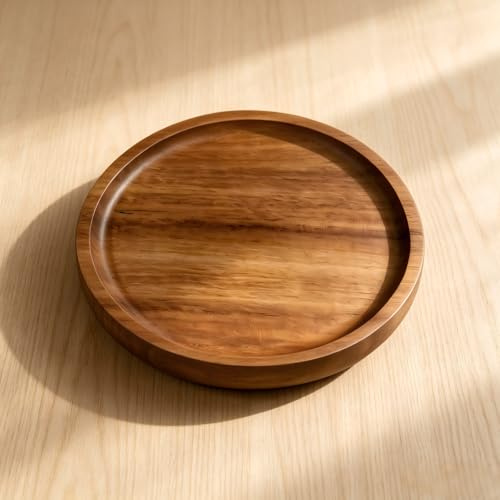 Acacia Wood Tray Round - Natural Wooden Serving Tray Non-Slip Lightweight Decorative Tray for Coffee Table, Home Decor (13.5×13.5×1.5cm)