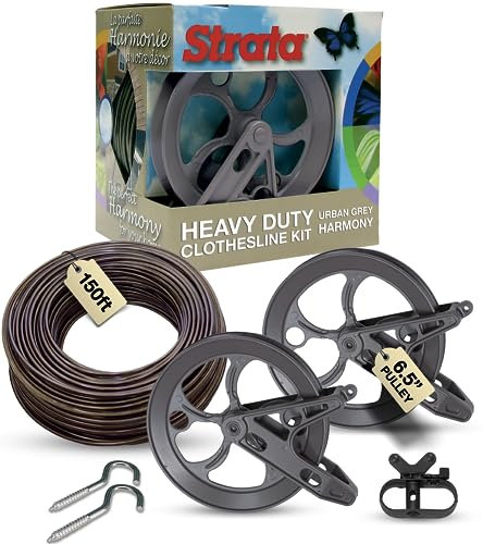Strata Urban Grey Harmony Clothesline Outdoor Heavy Duty Kit - 150 Feet Galvanized Wire Mocha PVC Coating, 6.5 Clothesline Pulley 2pcs, Metal Mini Winch Tightener 1pc & 2 Metal Hooks