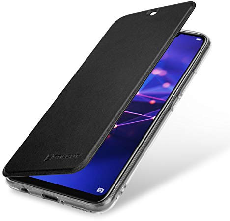 STILGUT Berlin Book Type Case, Hülle aus Leder und durchsichtiges TPU für Huawei Mate 20 Lite. Seitlich klappbares Flip-Case mit NFC/RFID Blocker. Schwarz/transparent