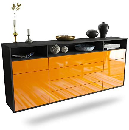 Dekati Sideboard Bellevue hängend (180x77x35cm) Korpus anthrazit matt - Front Hochglanz Orange - Push to Open - Leichtlaufschienen