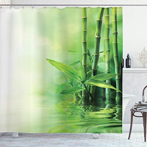 ABAKUHAUS Asiatisch Duschvorhang, Spa Bambusse Bäume, Stoffliches Gewebe Badezimmerdekorationsset mit Haken, 175 x 220 cm, Grün Blassgelb