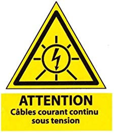 5 étiquettes adhésives – Attention câbles courant continu sous tension - Dim. 40 x 45 mm - autocollant - découpées à la forme - signalisation photovoltaique