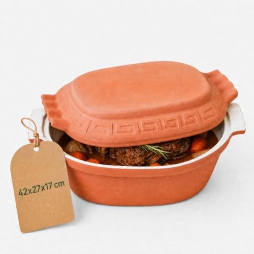 TerraStone Bräter oval mit Deckel, 42x27x17 cm, Terrakotta
