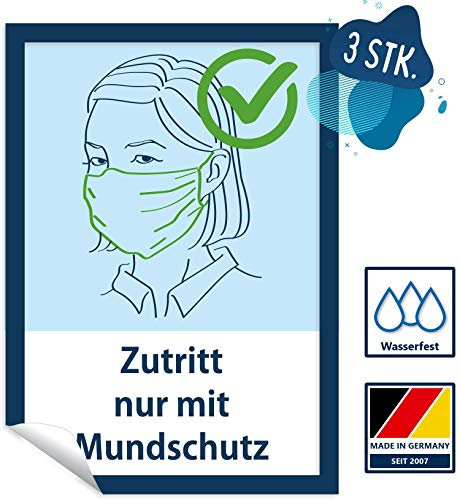 3 Stück Hinweis Aufkleber | Zutritt nur mit Mundschutz | PVC Warnhinweis UV-beständig und wasserfest | DIN A4-210x297 mm | für Außen und Innen geeignet | Maskenpflicht Warnhinweis Corona Warnschild