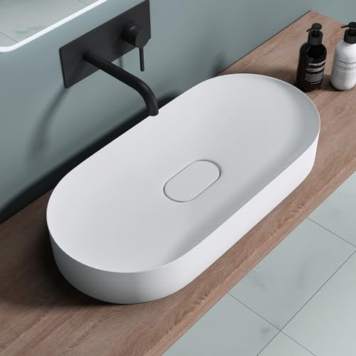doporro Vasque à Poser Ovale Blanc Mat Lavabo de Salle de Bains Évier 71x35,5x10cm Lave Mains avec Cache Bonde Colossum826