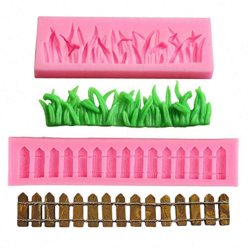 Silikonform mit grünem Gras und Gartenzaun, für Fondant, Schokolade, Süßigkeiten, Blütenpaste, Kuchendekoration, Modelliermasse, 2 Stück