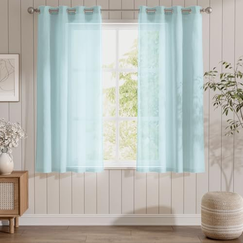 TOPICK Gardinen mit Ösen Einfarbig Gardinen für Wohnzimmer Kinderzimmer Junge Schlafzimmer Blau Transparent Durchsichtig Stores Landhausstil Modern Fenstergardinen 2er Set 160H x 140B (cm)