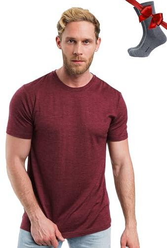 Premium Merino Shirt Herren Kurzarm - Thermooberteile 100% Merino Unterwäsche Herren + Wanderwollsocken (Burgundy Wine, X-Large)