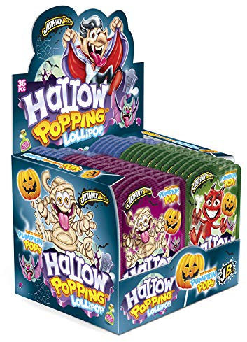 JOYGUM HALLOW POPPING & LOLLYPOP lecca lecca a forma di zucca, al gusto frutti assortiti da immergere in polverina di caramella frizzy scoppiettante ; espositore 36 bustine da 13gr