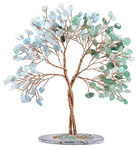 KYEYGWO Grüner Aventurin & Aquamarine Heilung Kristall Geldbaum auf Achat Scheiben Base, Handmade Edelsteinbaum Feng Shui Bonsai Baum Deko Stein Glückbaum Liebe Ornament für Glück, Reichtum