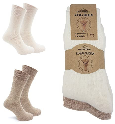 MOUNTREX Alpaka Socken, Wollsocken für Damen, Herren - Wintersocken, Warme Haussocken, Thermosocken - Kuschelsocken - 2 Paar, Ecru/Beige (Dick Thermo), 35-38