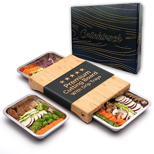 Grünhirsch® Premium Schneidebrett Bambus mit 3 x Auffangschale (Gr. 40x30x7cm) - Holzbrett & Küchenbrett Küche - Profi Cutting Board Set aus Holz - Holzschneidebrett mit 3 Auffang-Behälter (groß)