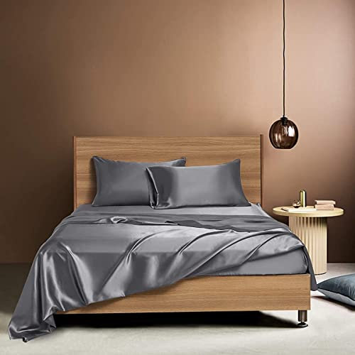 Luofanfei Spannbettlaken 180x200 Satin Anthrazit Dunkelgrau Grau Uni Muster Boxspringbett Topper Frottee Seide Glänzend Bettlaken Spannbetttuch Spannbetttücher für Hohe Matratze bis 25-30 cm