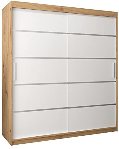 MEBLE KRYSPOL Schwebetürenschrank Verona 1 180 cm Kleiderschrank mit Kleiderstange und Einlegeboden Schlafzimmer- Wohnzimmerschrank Schiebetüren Modern Design (Schubladen: 0, Artisan Eiche + Weiß)