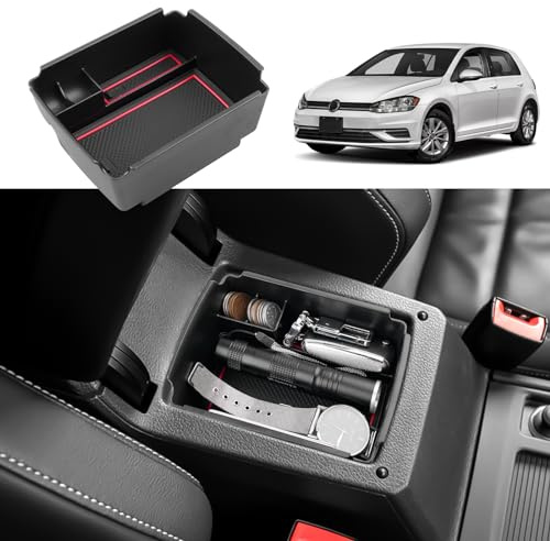 Coleya Boîte de Rangement pour Accoudoir Compatible avec VW Golf 7 7.5 2013-2019, Golf 7 Organisateur de Console Centrale, Plateau Rangement d'accoudoir avec Tapis Antidérapants (Rouge)