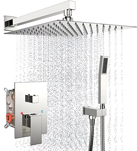 30,5 cm Regenduschsystem Badezimmer Dusche Wasserhahn Set mit Handbrause Wandmontage Hochdruck Regen Duschkopf raues Ventil und Verkleidung Kit (Chrom poliert)