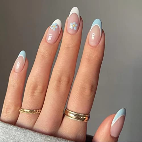 RUNRAYAY Blue Flower Press on Nails Medium avec French Tips, Fack Nails for Women Girls, Nude Nails Press on Full Cover Nails Tips for Spring Summer Salon Nail