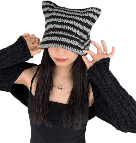 Damen Katzenohren Beanie Devil Demon Strick Streifen Slouchy Häkeln Schädel Y2k Grunge Kawaii Japanische Ästhetische Preppy Cute Hat, grau, Medium