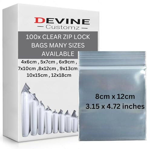 DevineCustomz® 100 Clear Grip Lock Bags - Small & Large Resealable Kitchen Posting Freezer Food Plastic Pouches Zip Top Seal (8cm x 12cm)