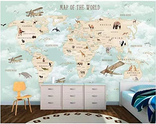 Papier Peint Photo Carte Du Monde Des Animaux D'Avion De Dessin Animé Papier Peint Photo Photo Peintures Murales Papier Peint Papier Peint 3D Papier Peint Pâte Salon Le Mur Pour Chambre 140x70 cm