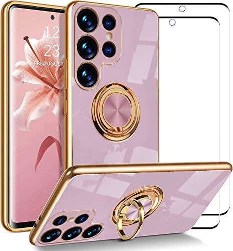 ATISIJIE Cover per Samsung Galaxy S23 Ultra Custodia con 2 Pellicola Protettiva in Vetro Temperato, 360° Girevole Supporto Magnetico per Auto, Antiurto Ultrasottile da Donna Elegante Guscio Viola
