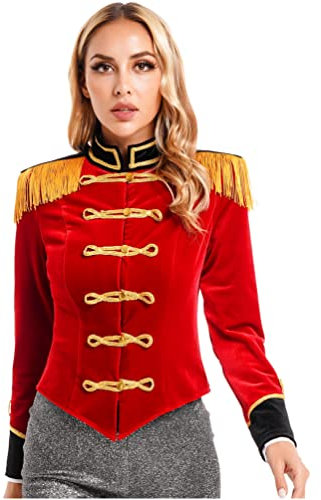 inhzoy Femme Déguisement Costume Ringmaster Cirque Veste Manches Longues Blazer Cardigan Médiévale Gothique Steampunk Mamteau Soldat Carnaval Halloween Fête S-3XL A Rouge S