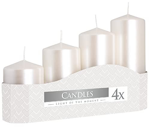 Stumpenkerzen 4er Set | Blockkerzen Weiß Metallic | Durchmesser 4,8 cm | Höhe 7, 9, 11, 13 cm | 1 Box