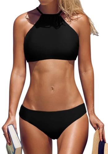 CharmLeaks Ladies Hlater High Neck Bikini Set Cross Back Removal Padded Swimwear Black M
