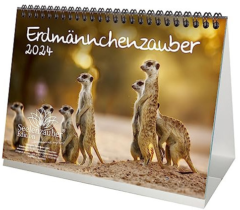 Erdmännchenzauber DIN A5 Tischkalender für 2024 Erdmännchen - Geschenkset Inhalt: 1x Kalender, 1x Weihnachtskarte (insgesamt 2 Teile)