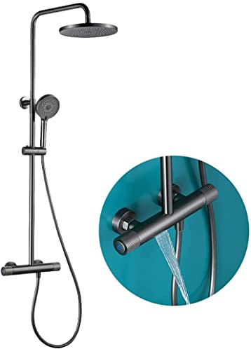 DERBUT Duscharmatur-Set mit Wanneneinlauf, Duschsystem, Wandmontage, Regendusche, Combo-Set, 10-Zoll-Wanne und Duschverkleidungs-Set mit Handbrause und Regenduschkopf, Brauseschlauch, Schwarz
