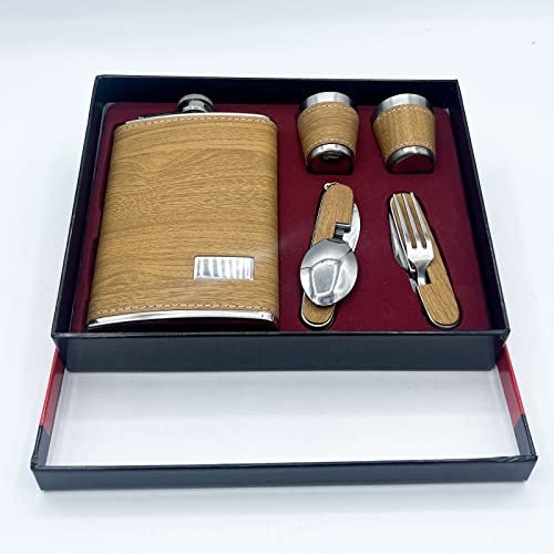 EUROXANTY Set de Petaca y Accesorios | Aluminio Con Vasos y Cubiertos | Para Licores | Tapón Imperdible y Cubiertos Plegables | Efecto Madera