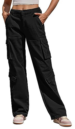 Fuakesor Cargohose Damen Baggy Y2K Multi Taschen High Waist Stretch Wanderhose Sport Jogginghose mit Elastischen Knöcheln(Schwarz,M)