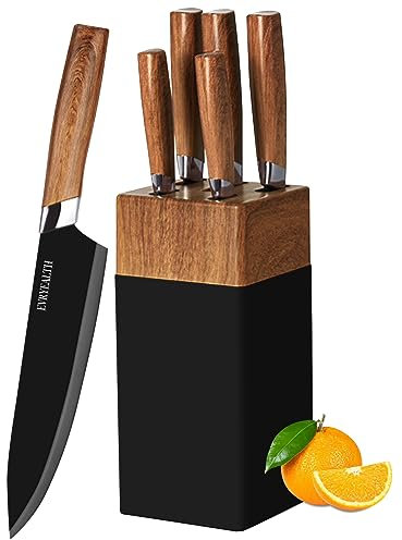 lapelux Kitchen Knife Set - 5 Piece Knife Set with Block, Wood Grain Handle, Stainless Steel Knivese with Chef, Bread, Slicer, Utility, Paring Knife for Cutting Meat/Vegetables/Fruit.…