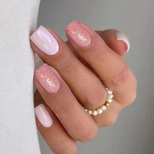 24Pcs Short Square False Nails French Tips Press on Nails Pink Glitter Glossy Fake Nails with Elegant Designs Reusable Artificial Stick on Nails for Women Girls Nail Art Accessories