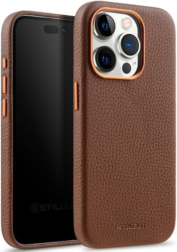 STILGUT Cover kompatibel mit iPhone 15 Pro Max Hülle aus Leder - iPhone 15 Pro Max Case aus Leder Kompatibel mit MagSafe, mit Tasten & Kameraeinfassung aus Metall, Ledercase - Cognac