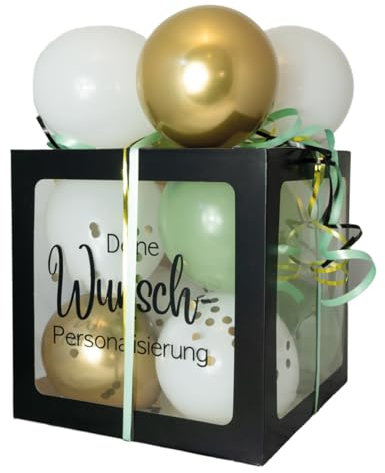 Personalisierte Ballon-Box in Schwarz, Ballons in Gold, Eukalyptus & Weiß Personalisierte Ballon-Box Groß 30 x 30 x 30 cm Überraschung Geschenkbox Luftballons Geburtstag, Hochzeit, Jubiläum, Fussball