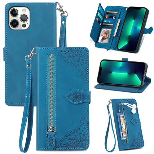 JayModCase Custodia per iPhone 12 Pro Max (6,7 pollici), con chiusura lampo Funzione Stand scomparti [Magnetica] [Antiurto] Pelle portafoglio Cover per iPhone 12 Pro Max - Blu